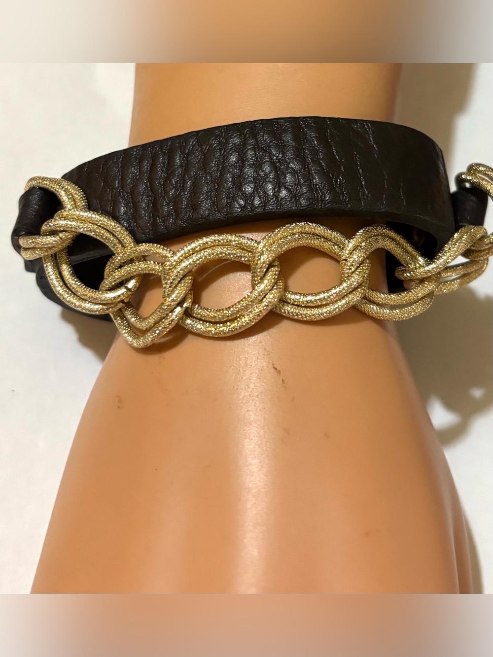 Gold Chain and Dark Brown Leather Wrap Bracelet
